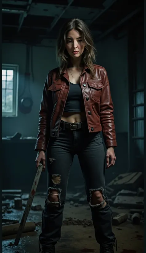 "Create a cinematic image of a mysterious woman in a dark, atmospheric setting inspired by a psychological horror theme. She wears a rugged outfit typical of a survival horror character, featuring a distressed leather jacket, torn pants, and sturdy boots, ...