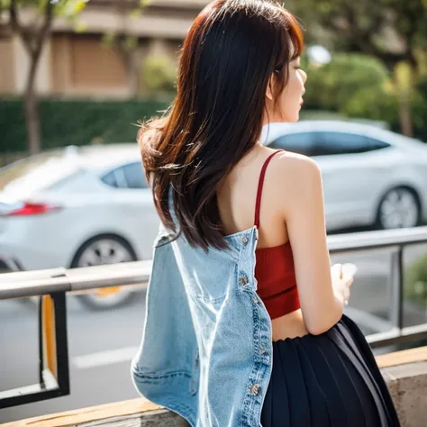 A view from behind, back view of a beautiful asian woman tieing her back hair with band at the back of her hair, her hand at the back of her head. wearing blouse and skirt.