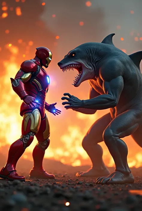 Make a 3D image of Iron Man and a human shark fighting against the background of a fire with good details