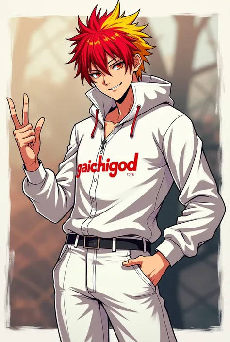 Un personnage de manga masculin stylé cheveux rouge et jaune portant un habit blanc  qui montre ces deux doigt dun main en souriant plus une arrière plan stylé avec écrit sur son habit GAICHIGOD