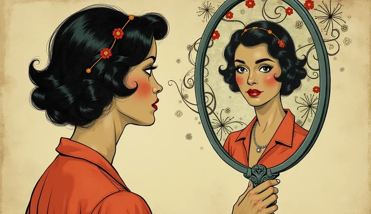 A vintage-style illustration of a woman looking in a hand mirror. Her reflection is distorted by swirling, abstract shapes representing societal pressures. The color palette is muted and nostalgic.