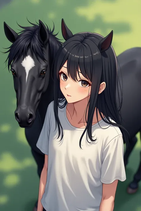 Anime, long-haired boy with bangs and cute facial hair wearing a white t-shirt, shot from a high angle, a small black horse