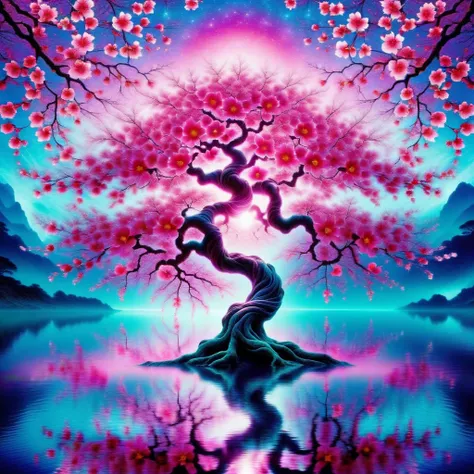 Top quality, high resolution, best composition, psychedelic art, a single cherry tree stands in the center, with large and wide spreading branches, the cherry tree is full of bright pink flowers, the pink flowers are reflected on the water, fantasy world, ...