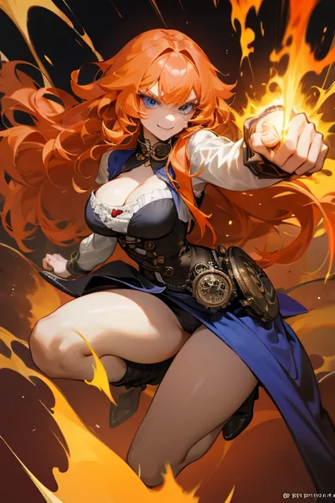 Mereoleona orange hair、grin、bangs、long hair,  tuft at the top of the head 、Big Breasts ,cleavage 、blue eyes, Thighs、look at me, get angry ,Anatomically Correct ,she haves fang, Punch on the screen,Punch to you、Her fists are flame ,Line of sight,dressed in ...