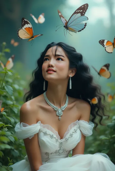 photo c beautiful woman with straight curly black hair, short body, looks like a princess, white dress, diamond necklace, wearing princess-like decorations, posing sitting in thdeepe garden with a pose looking at butterflies flying very beautifully, the ga...