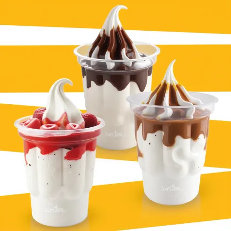  Create the image of sundae ice cream like those in the image ,  in a transparent plastic cup ,  the ice cream make it in three different flavors : chocolate, Strawberry and vanilla ,  and the sauce anyway make it different for each glass of ice cream,  ca...