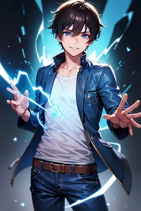 A fair-skinned male boy with blue eyes short brown hair wearing a light blue blouse, a dark blue denim jacket and black pants smiling with electrical powers