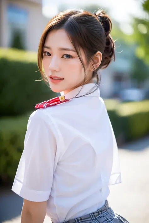 (A stunning Japanese-Korean lady in snowy night, natural pose, wearing a traditional Serafuku, Seifuku, tight white shirt, white blouse button-down, translucent short-sleeve, plaid skirt, pleated skirt, red bow-tie, red ribbon, sailor scarf, youthful charm...