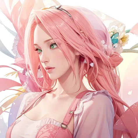 young woman, pale skin, short bubblegum pink hair, wide forehead, emerald green eyes, buttoned nose, peach lips, heart-shaped face, slender, red clothes, Sakura Haruno, 3d, realism, angelic face, maya in net
