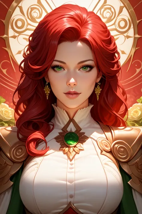 beautiful girl, detailed background, every detail is rendered in superb detail, perfect composition, masterpiece, best quality, 8k, ultra-detailed, anime, correct anatomy, detailed face, correct eye anatomy, long red hair , green eyes , noblewoman, fantasy