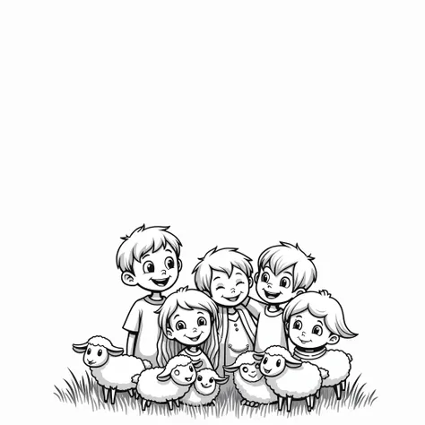 create a cute little lambs drawing with christian girls and boys 3d render style, no background, line art coloring pages, drawings for s, cool coloring pages, coloring book art, coloring book page style vector lines. Image theme: "I am a little lamb, Jesus...