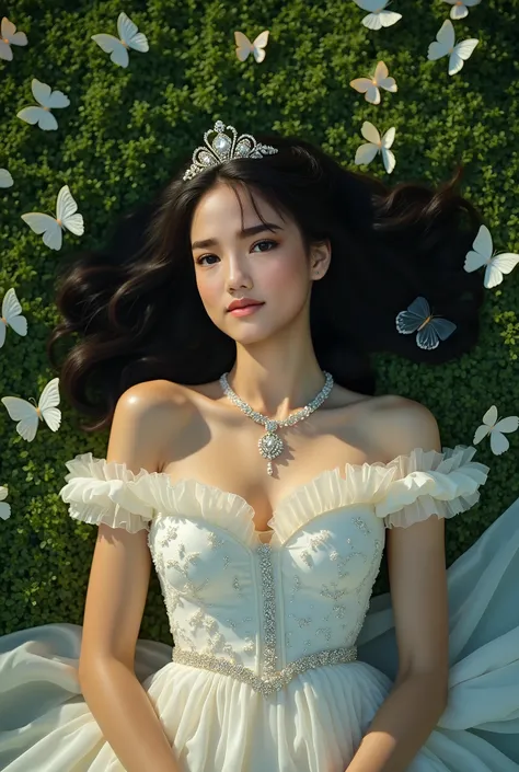 photo c beautiful woman with straight curly black hair, short body, looks like a princess, white dress, diamond necklace, wearing princess-like decorations, posing sleeping on a stretch of green grass, seen by the camera from above, butterflies surround th...