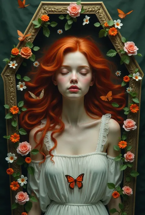 A red headed  in a coffin, beautiful, realistic photorealistic, very realistic, photorealistic...flowers around her and butterflies around her...many people shadows around her, teenager, young