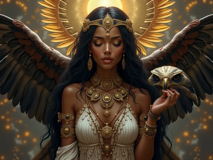  A BROWN SPIRITUAL WOMAN,  WITH HER POWER ANIMAL ,  AN OWL-EYED EAGLE , GOLDEN COLORS , Marrones, blacks, white