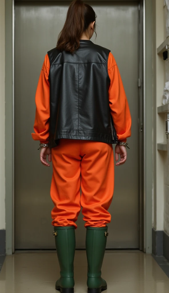 a french girl  with fringe and ponytail haircut, arrested in jail. shes wearing a zipped orange prison jumpsuit,, green Hunter rubber boot, heavy BDSM black leather straitjackett. Her feet are chained in heavy shackles cuffs. fullbody veiw