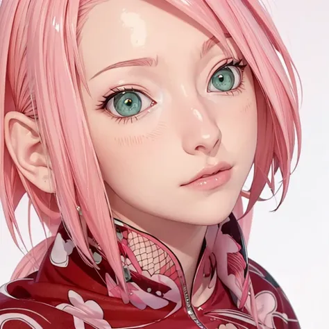 young woman, pale skin, short bubblegum pink hair, wide forehead, emerald green eyes, buttoned nose, peach lips, heart-shaped face, slender, red clothes, Sakura Haruno, 3d, realism, angelic face, maya in net
