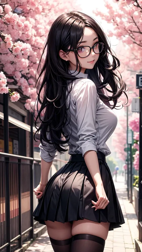 (( best quality )), ((masterpiece)), ( Detailed ), ( Black pleated skirt for students ,  dynamic lighting , movie lighting), 動漫wind格, Cute Japanese girl,  Big Tits,  seen from behind, culo perfecto,  looking at the spectator,  wind ,  perfect body structur...