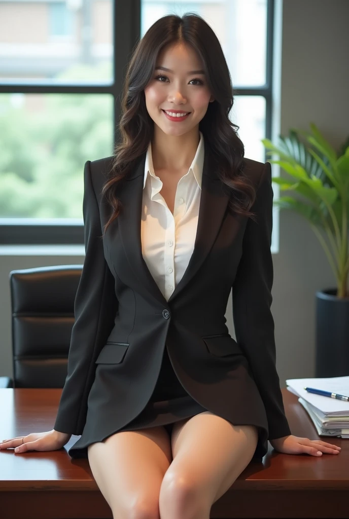  create an image of an Asian secretary with a very short skirt and big boobs in an office, She must be a voluptuous Asian , sexy, beautiful,  Sitting on a Table , thick and sexy legs,  you must see her knee-deep body 