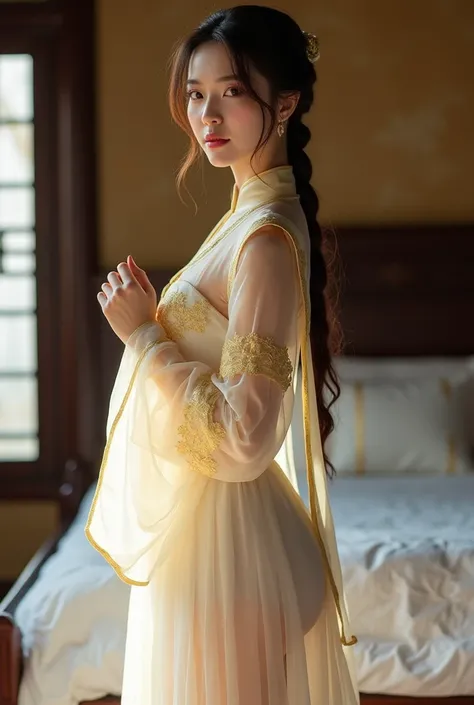 Masterpiece High Quality Photo Masterpiece High Resolution Realistic Photorealistic Sexy Pose Portrait Realistic Photography. An Asian woman wearing contemporary Chinese Hanfu dress looks beautiful. The outfit consists of a long-sleeved, translucent white ...