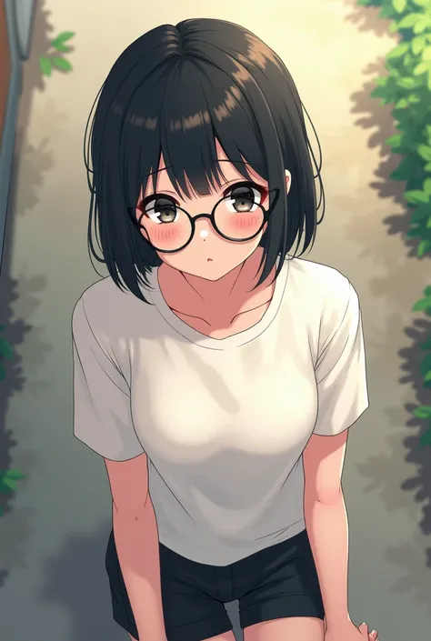 Anime, short haired boy with bangs and cute facial hair wearing a white T-shirt, shot from a high angle, small black eyes, shy looking, wearing black shorts, resembling a woman, wearing round glasses