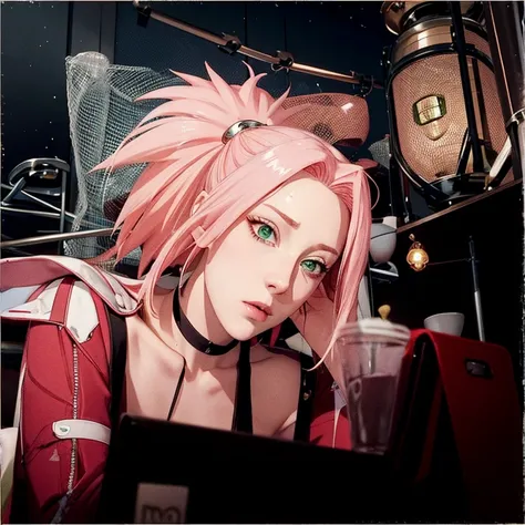 young woman, pale skin, short bubblegum pink hair, wide forehead, emerald green eyes, buttoned nose, peach lips, heart-shaped face, slender, red clothes, Sakura Haruno, 3d, realism, angelic face, maya in net
