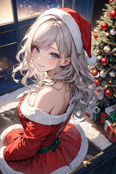 masterpiece, best quality, ultra detailed, 1girl, cowboy shot, off shoulder christmas costume, platinum medium wavy hair, swept bangs, half smile, background night room, from above,