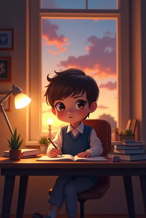 "A cozy, softly-lit room at dusk, showcasing a 21-year-old American student sitting at a wooden desk. The  has expressive, large eyes and neatly styled short brown hair, wearing a white shirt with a blue vest. The desk is adorned with books, a pencil holde...