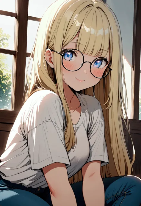 "An anime-style girl with long, straight, light blonde hair and straight bangs that softly frame her face. She wears large, round glasses with thin frames that highlight her big, light blue eyes, which have a kind and warm expression. Her skin is fair and ...