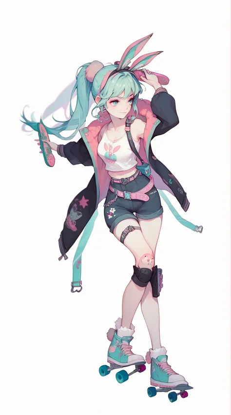  Anime girl holding a gun and skateboard in her hands , Skateboard, rabbit ears, black jacket,  Knee brace with rabbit pattern ,  Waist belt with white pocket with pink rabbit decoration,  Mint ponytail , Mint belt 