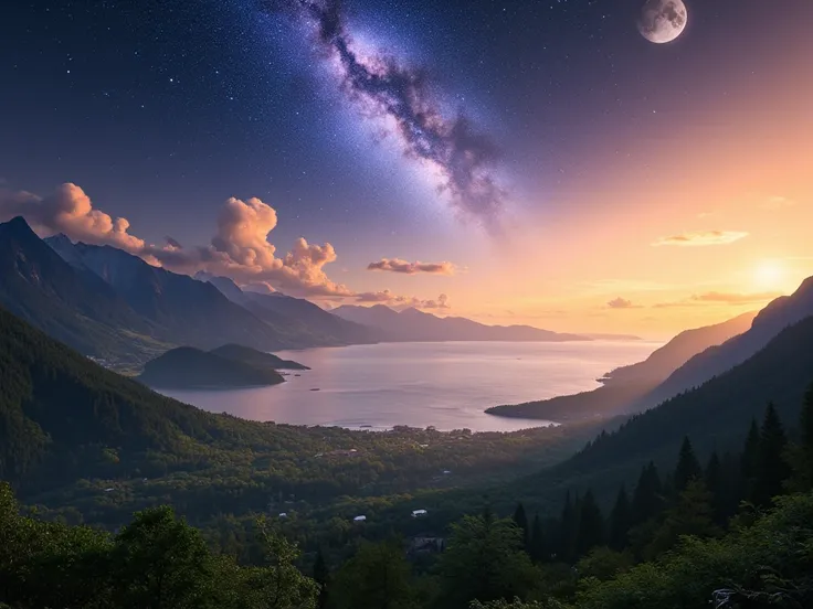  A landscape where nature and universe meet, mountain,  forest, mar,  sunset and full Moon with stars . Make a better picture for me .