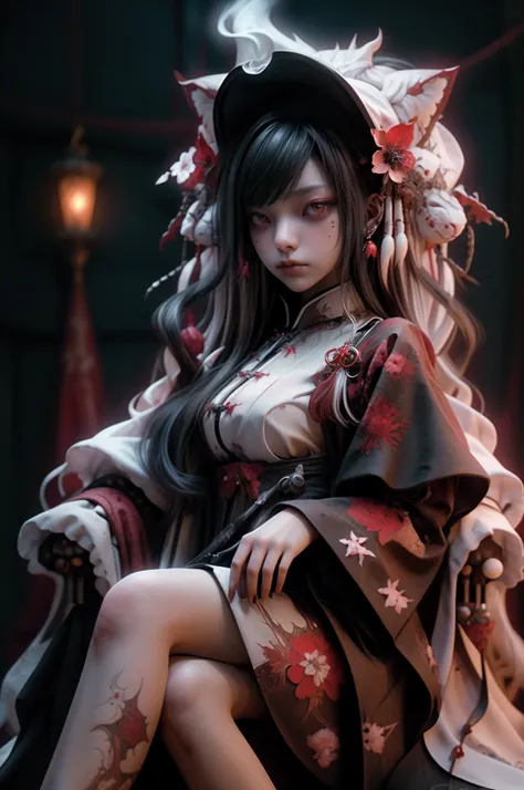 woman,Fisheye lens,front, image color: White and Red ,Black hair, red eyes ,whole body,Throne,Luxurious chair,Sit on a chair,Crossing your legs,Game character costumes,novel,Gothic Lolita,dress,lanthanum, petals in the wind, Calm, mysterious, high quality,...