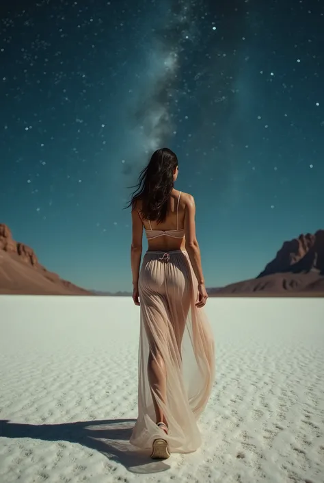 Masterpiece, best quality, ((salt flat)), 4K,8K,style,masterpiece, beautiful muscular woman wearing sheer sexy long dress, no bra , string thong panties, at night long charge, ((ultra-detailed)), outdoors, night, nature, (stars), shadows, contrast, clear s...