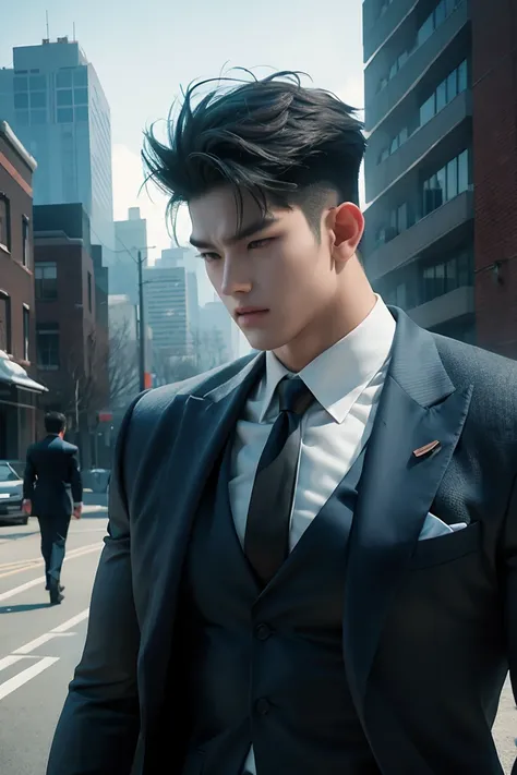 a handsome korean male, big muscles, wearing a suit and feather coat, outdoor photography with dutch angle, high quality, detailed, photorealistic, cinematic lighting, dramatic color palette, intricate details