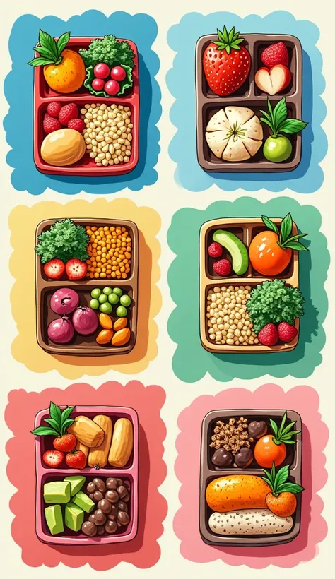 Use bright colors like blue, pink, and yellow as the background and create various images of lunchboxes for s, bento boxes filled with tasty and balanced food, in a drawn style.