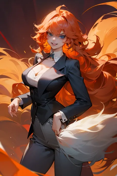 Mereoleona orange hair,grin,bangs,long hair, Tufts at the top of the head,Big Breasts,cleavage,blue eyes,Thighs,look at me,get angry,Anatomically Correct ,she haves fang, Line of sight,dressed in suits fashion,pants ,