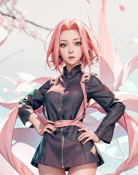 young woman, pale skin, short bubblegum pink hair, wide forehead, emerald green eyes, buttoned nose, peach lips, heart-shaped face, slender, red clothes, Sakura Haruno, 3d, realism, angelic face, maya in net
