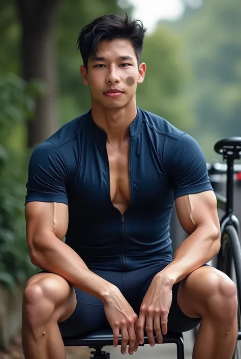 Realistic images (( 1 Korean man sitting on a chair  ,(Wear a short-sleeved cycling shirt, unzipped, open chest, navy，)) , (((Big arm muscles,  tight breasts ,  Muscle Bundle, ))), ((( football shorts )), (((Men with short hair))), (((, big muscles, big to...