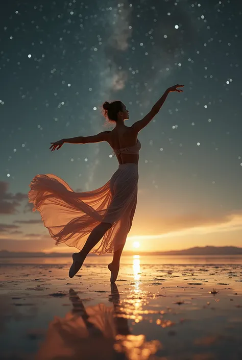 Masterpiece, best quality, ((salt flat)), 4K,8K,style,masterpiece, beautiful muscular ballerina wearing sheer sexy long dress, at the peak of a grand jete , string thong panties, at night long charge, ((ultra-detailed)), outdoors, dramatic backlit, night, ...