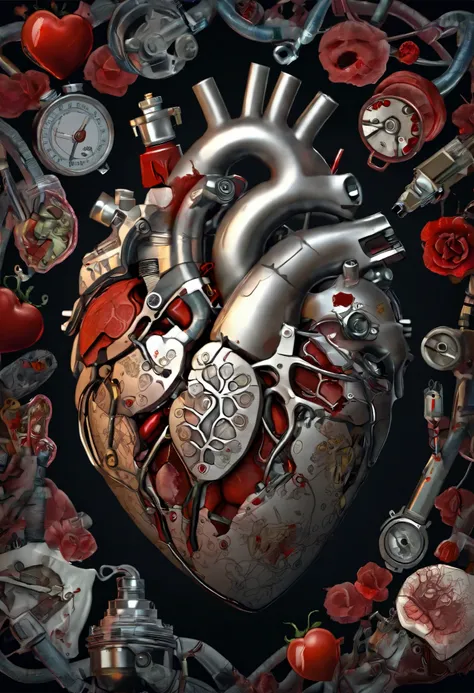 Illustration of。Closeup of a bloody heart, human heart , real heart , Anatomical heart, Cardiac surgery, Anatomically correct heart, very detailed illustration, real heart !, heart ney lung , mechanical heart in the middle , Heart Effect , highly d...