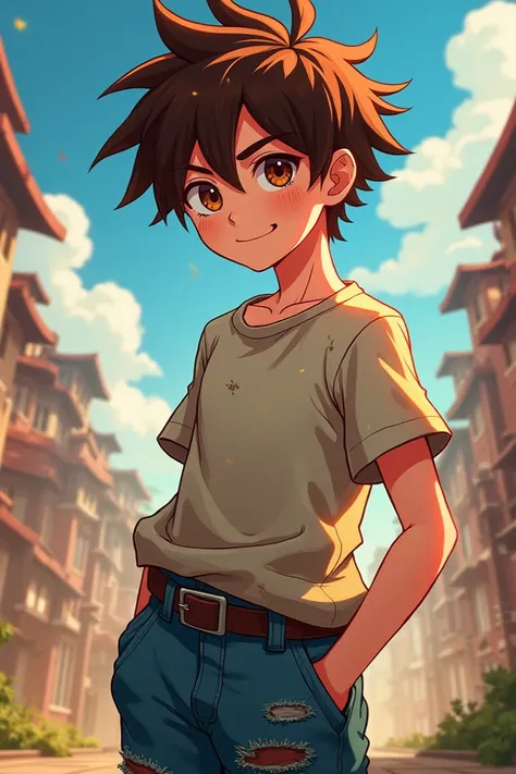  Create me a boy who is  . He has brown short hair and brown eyes .  He usually wears baggy jeans and a dirty T-shirt .  He is supposed to be an anime character who is similar in character type to the series Seven Deadly Sins