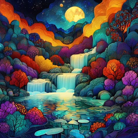 Best quality, high resolution, best composition, dynamic composition, zentangle style, colorful landscape painting, vibrant abstract landscape, moonlit waterfall landscape on summer night, full moon night, Milky Way galaxy glowing, beautiful water in the w...