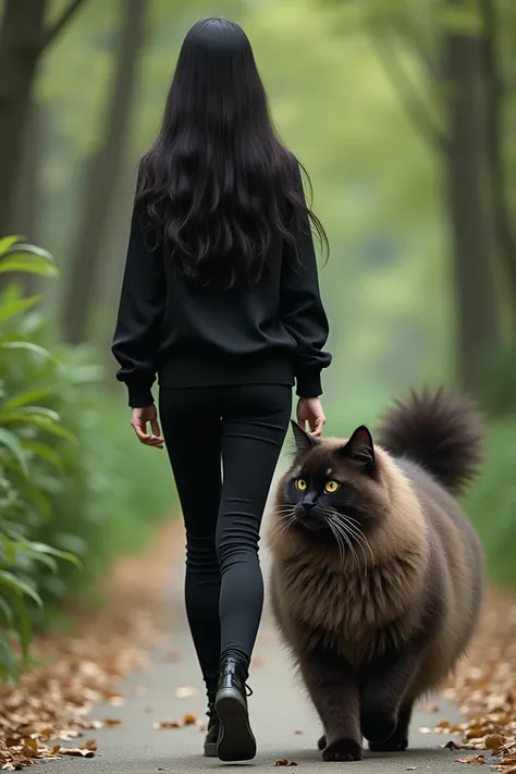 I am a tall woman with long black hair in black casual clothes walking with a very large Angora cat