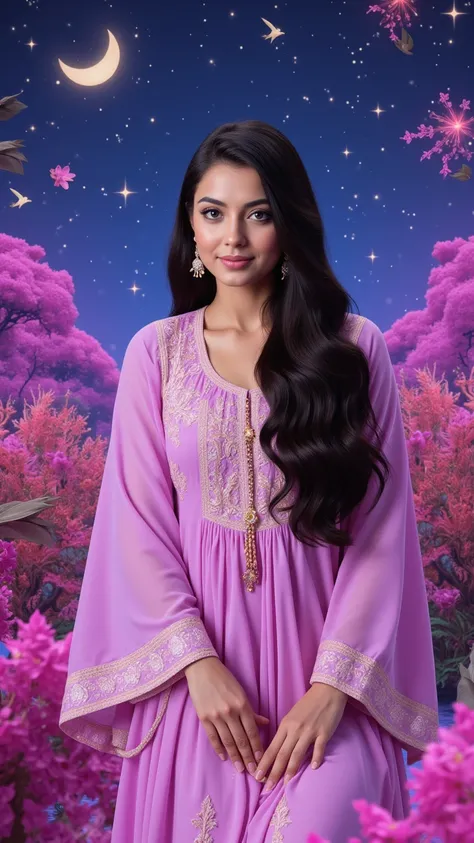 Create a dreamy, hyper-realistic UHD 8k image of an Arabian woman with brunette Iraqi skin. She should be depicted in a surreal dreamland filled with stars and birds, wearing exquisite traditional clothing that is modest and fully covering. The scene shoul...