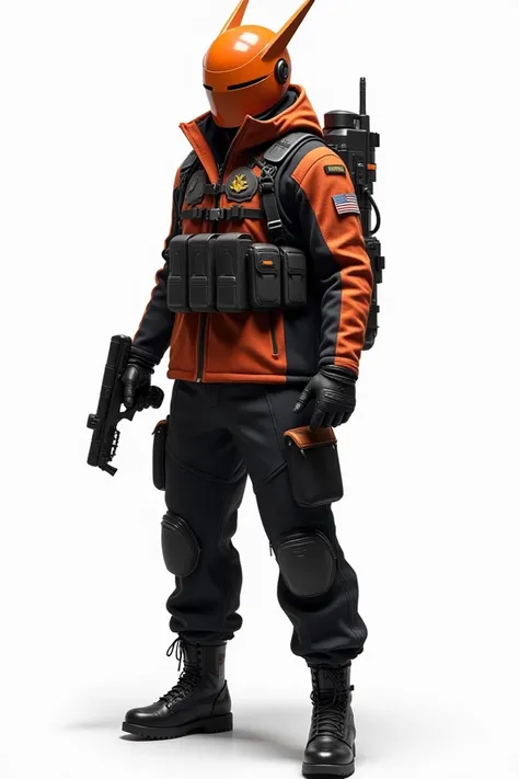 Create an H1Z1 character wearing a  orange anthead helmet, black and orange drakess tactical jacket, crown military backpack, heavy assault combat boots, with black baggy jeans, black gloves, and a heros action  em uniforme militar soviético vermelho com e...