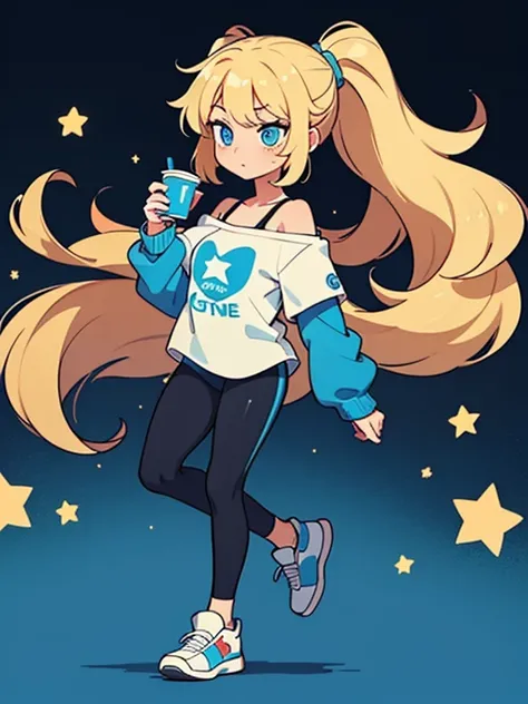 score_9, source_cartoon, 1girl, solo, Zoomer woman, a very beautiful woman, wavy hair, blonde hair, blue eyes. Shes wearing a blue off shoulder t-shirt with long sleeves, white star (symbol) in the middle of the shirt, Lululemon-branded black leggings and ...