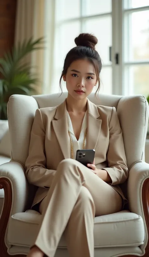 A 32-year-old woman with long hair in a deconstructed bun sits in a classic armchair with her legs crossed, holding an Apple iPhone 15, looking directly at the camera with confidence. She wears a beige suit with a white shirt with gold details, and the sce...