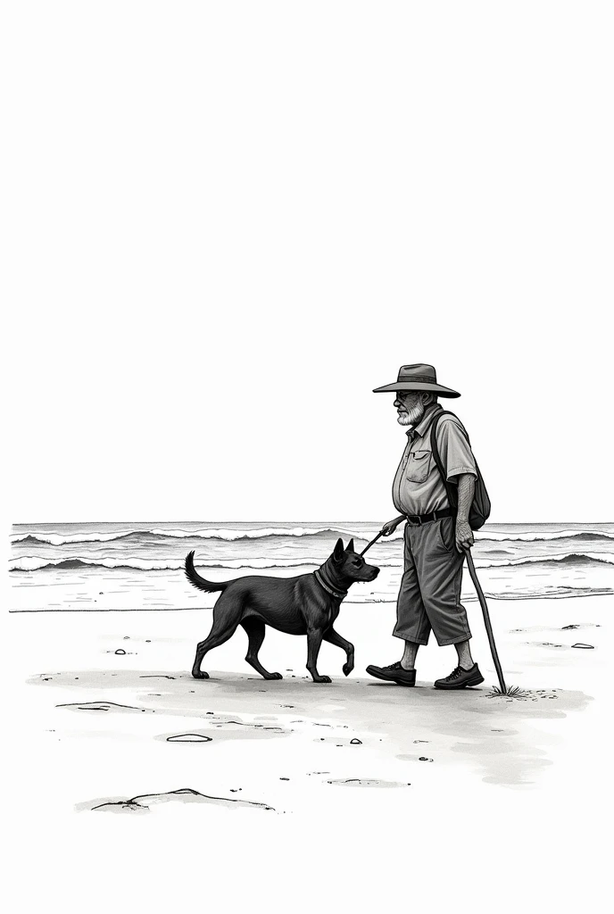 Handmade and rustic drawing of an older man 
being walked by a dog on the beach 
Black and white