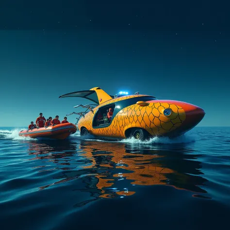 : A bright, tropical fish-inspired car with luminous scales and a bold orange rescue stripe, equipped with retractable mechanical arms and rescue gear. It is seen hauling a lifeboat filled with survivors through calm but vast ocean waters under a clear, st...