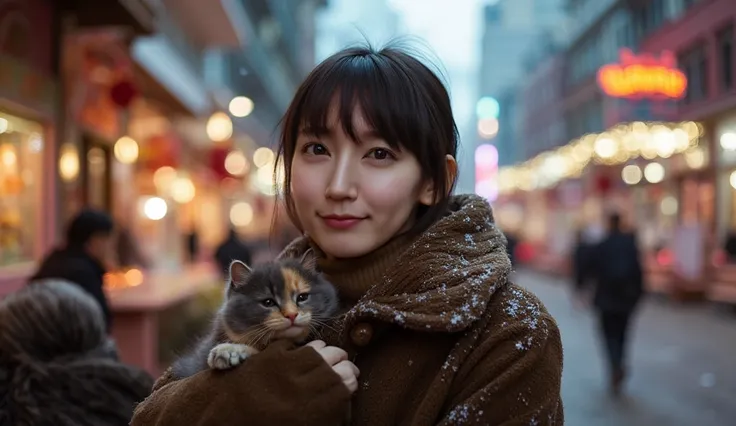 Holding a cute cat、 photo from the waist up、 lift up to night city lights 、 cowgirl shot 、 fur coat、豪華なグレーのミンクの fur coat、Wear fine leather boots 、Luxury Bags、 turtleneck with collar 、 Silver Necklace and Tiny Silver Earrings Millionaire Style:1.4））、  full ...