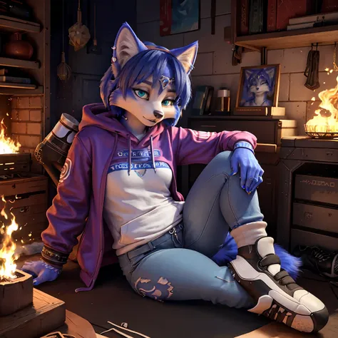 ((krystal)), Star Fox-Krystal, lovable, green eyes, ((( Long blue hair 1 .3))), Decollete, anthro, Fuzzy,  detailed Fluffys fell, detailed face, (Fluffy),  1 girl, black piercings in her ears ,  stands in the middle of a pile of bodies ,  wearing a very re...